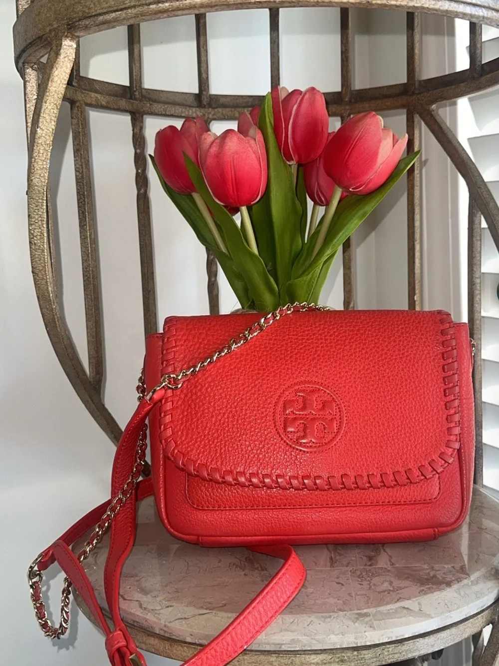 Tory Burch Red Pebbled Leather Whipstitch Crossbody